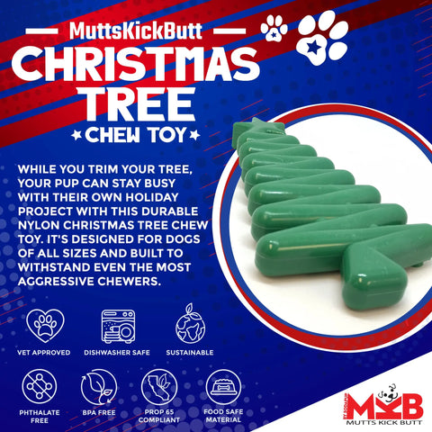 Festive promo graphic for SodaPup’s Christmas Tree Ultra Durable Nylon Dog Chew Toy—green, tough, safe, supports dental health, and perfect for aggressive chewers—highlighted with holiday decorations.