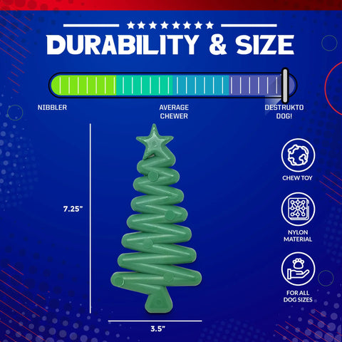 The Christmas Tree Ultra Durable Nylon Dog Chew Toy by SodaPup is a green, tree-shaped toy (7.25 tall, 3.5 wide) built for all dog sizes and aggressive chewers, with durability rated from Nibbler to Destrukto Dog!.