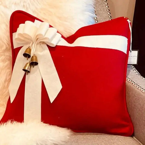Christmas Wool Throw Pillow – Red Bow Design With Bells | Made in USA Suede Kloth 
