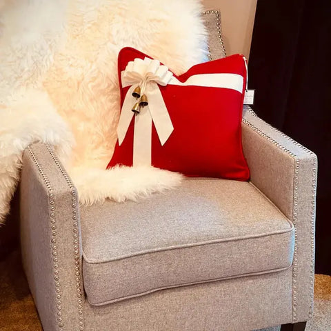 Christmas Wool Throw Pillow – Red Bow Design With Bells | Made in USA Suede Kloth 