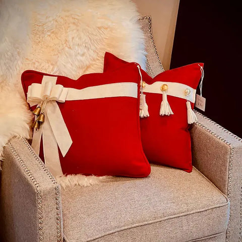 Christmas Wool Throw Pillow – Red Bow Design With Bells | Made in USA Suede Kloth 