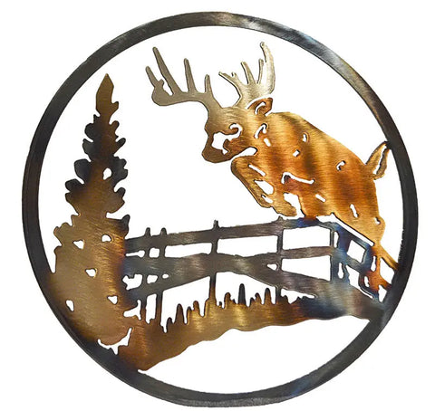 Circular Metal Wall Art – Rustic Deer Jumping Scene – Handcrafted Home Decor | Made in USA Knights Home Decor  item