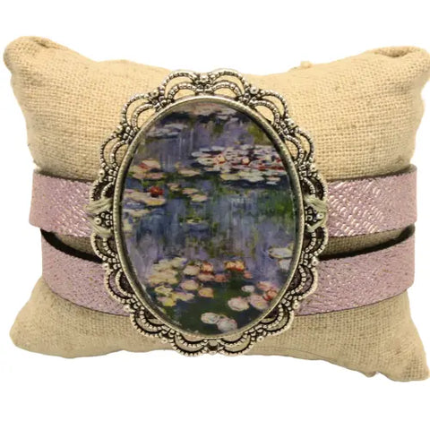 Claude Monet Inspired Water Lily Leather Wrap Bracelet – Handcrafted Art Jewelry | Made in USA by Michelle Marie Boutique Michelle Marie Boutique  Bracelet