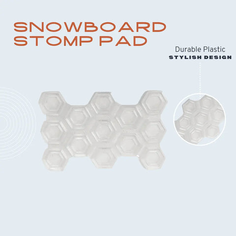Chatelet Manufacturing’s Clear Snowboard Stomp Pad features a hexagon pattern for better grip and adhesion. The light blue background shows “Snowboard Stomp Pad, Durable Plastic, Stylish Design”; a close-up inset highlights the textured surface.