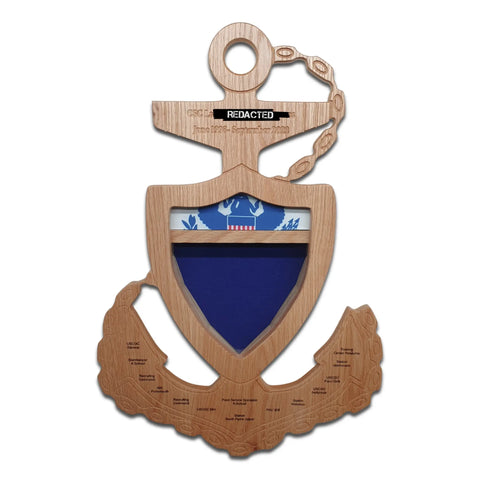 The Coast Guard Chief Petty Officer (CPO) Anchor Shadow Box by Legacies of America Woodworking Company is a USA-made wooden plaque featuring a blue-shield, engraved names on the arm, and blacked-out top text—crafted by veterans.