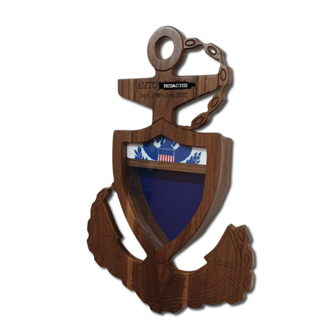 The Coast Guard Chief Petty Officer (CPO) Anchor Shadow Box by Legacies of America Woodworking Company features a hardwood anchor plaque with a shield, U.S. flag emblem, and engraved nameplate, all proudly made in the USA on a white background.