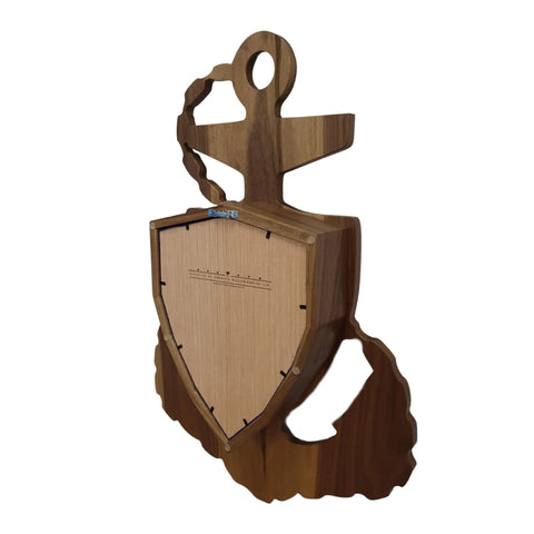 The Coast Guard Chief Petty Officer (CPO) Anchor Shadow Box by Legacies of America Woodworking Company is a wooden, shield-shaped plaque with a smooth finish, anchor and chain at the top, black edge notches, and engraved lines and text.