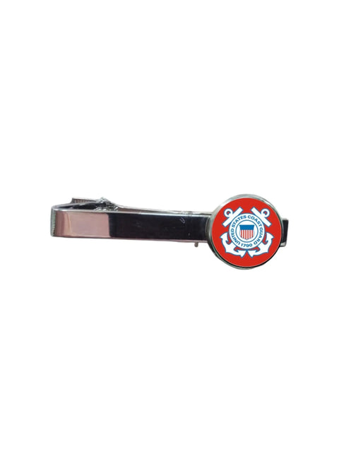 Coast Guard Emblem Tie Clip – Silver-Tone Military Accessory for Men | Made in USA With Red Background Design Michelle Marie Boutique 
