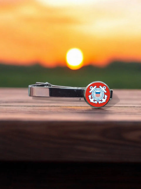 Coast Guard Emblem Tie Clip – Silver-Tone Military Accessory for Men | Made in USA With Red Background Design Michelle Marie Boutique 