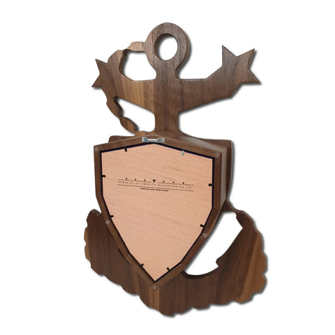 The Coast Guard Master Chief Petty Officer (MCPO) Anchor Shadow Box by Legacies of America Woodworking Company is a wooden, shield-shaped plaque featuring an anchor and rope design. Built by veterans in the USA, it includes a hangable hook and displays natural wood grain.