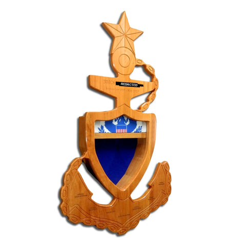 The Coast Guard Senior Chief Petty Officer (SCPO) Anchor Shadow Box by Legacies of America Woodworking Company is crafted from fine hardwoods in the USA, featuring a naval anchor design with star, shield, blue/white accents, and a custom plaque.