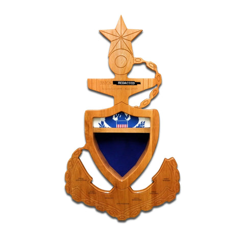 The Coast Guard Senior Chief Petty Officer (SCPO) Anchor Shadow Box by Legacies of America Woodworking Company is a hardwood plaque shaped like an anchor with star, chain, eagle shield, blue display area, and engraved nameplate. Made in the USA by veterans.