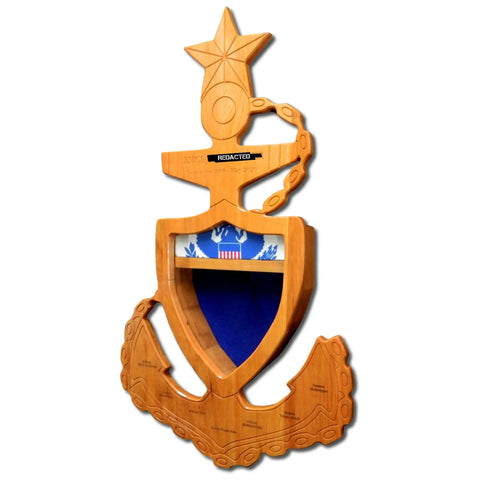 The Legacies of America Woodworking Company Coast Guard SCPO Anchor Shadow Box is crafted in the USA from fine hardwood, shaped like a Senior Chief anchor with chain details, a star on top, and a glass-front shield compartment lined in blue fabric.