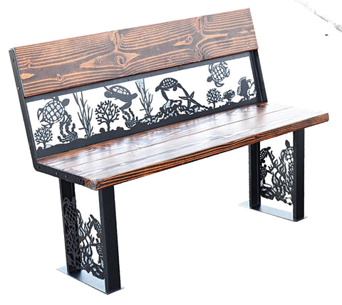 Coastal Metal Art Bench – Sea Turtle and Coral Reef Design Outdoor Seating | Made in USA Knights Home Decor  item