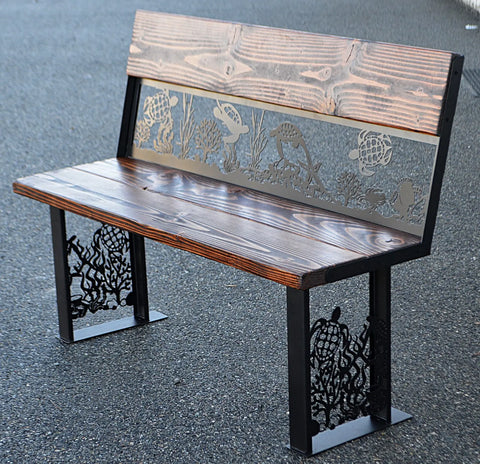 Coastal Metal Art Bench – Sea Turtle and Coral Reef Design Outdoor Seating | Made in USA Knights Home Decor  item