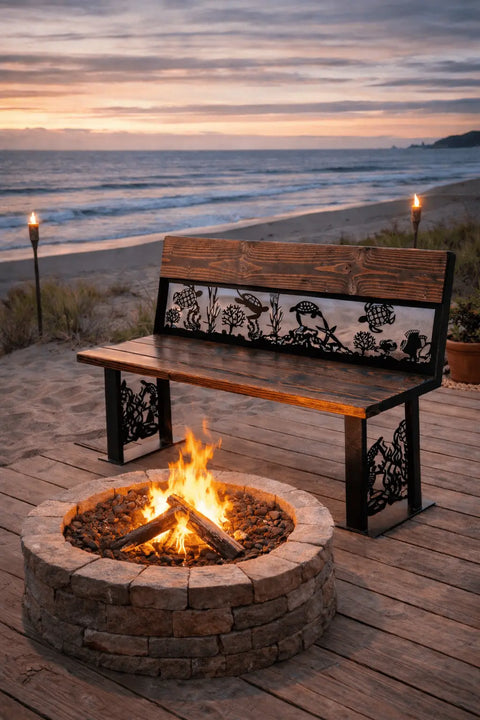 Coastal Metal Art Bench – Sea Turtle and Coral Reef Design Outdoor Seating | Made in USA Knights Home Decor  item
