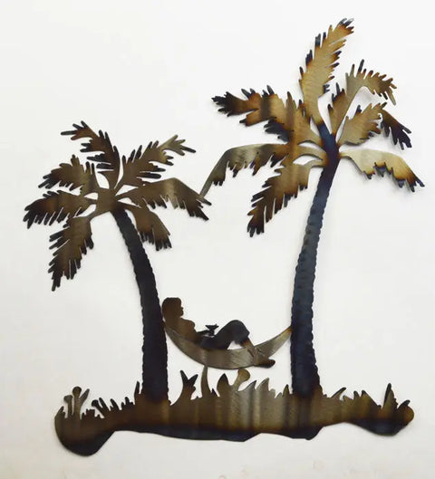 Coastal Palm Trees Metal Wall Art – Handcrafted Hammock Scene | Made in USA Knights Home Decor  item