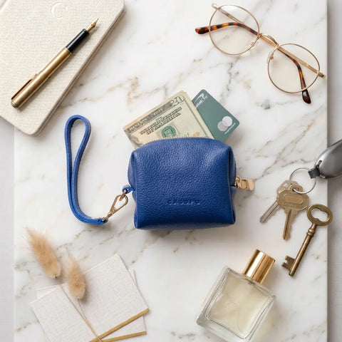 Cobalt Blue Mini Leather Wristlet Bag – Full Grain Napa Coin Purse | Made in USA CASUPO  Zipper Wallet