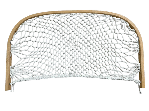 The Cobble Mountain Double Foothold by Cobble Mountain is a wooden frame with a loosely woven white net, ideal as a hammock chair accessory and resembling a lacrosse or fishing net, shown isolated on a white background.