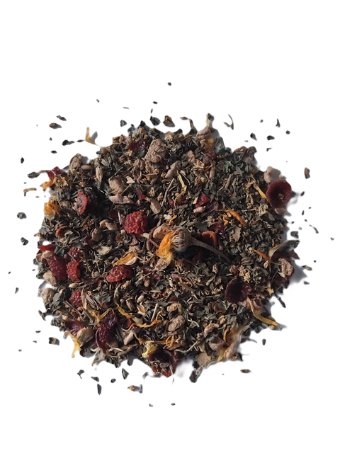 Forev'Herbs Cold and Flu Herbal Tea, featuring a blend of dried leaves, berries, flower petals, and seeds, displayed loose on a white background.