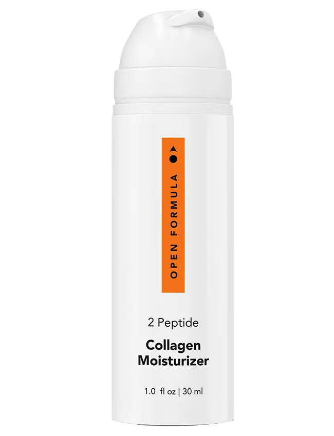 A white bottle of Open Formula Collagen Peptide Moisturizer, 1.0 fl oz (30 ml), with a pump and orange label—formulated with peptides to help improve skin texture for a firmer, more hydrated appearance.