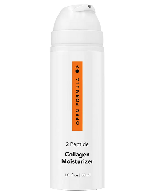 A white bottle of Open Formula Collagen Peptide Moisturizer, 1.0 fl oz (30 ml), with a pump and orange label—formulated with peptides to help improve skin texture for a firmer, more hydrated appearance.