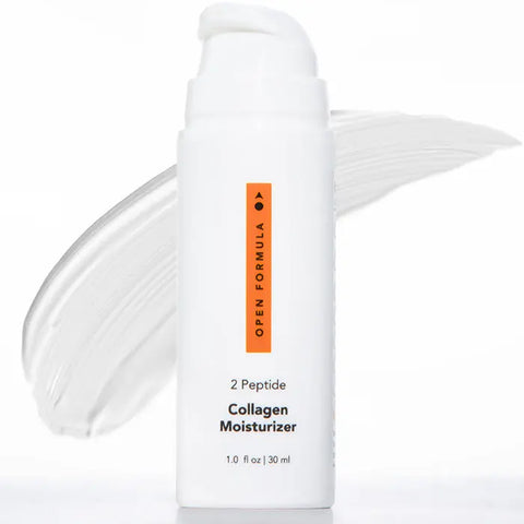 A 1 oz white bottle of Open Formula Collagen Peptide Moisturizer with a pump dispenser sits in front of a smear of cream, emphasizing its skin-smoothing benefits and peptide-rich formula.