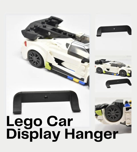 Collage shows a white Lego car and a black Chatelet Manufacturing display hanger. Close-ups highlight the car, wheels, and low profile wall mount—perfect for showcasing Lego car models by wheels. Text: Collectible Car Display Wall Mount.