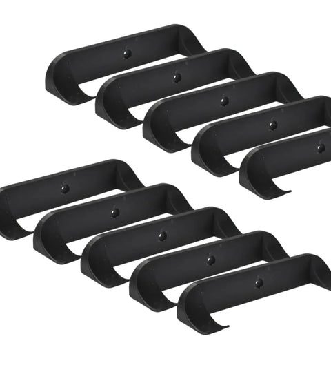 Set of eight Chatelet Manufacturing Collectible Car Display Wall Mounts—sleek black metal brackets with a U-shaped design and center hole—ideal for low-profile Lego car displays or organizing collectibles on your wall. Made in USA.