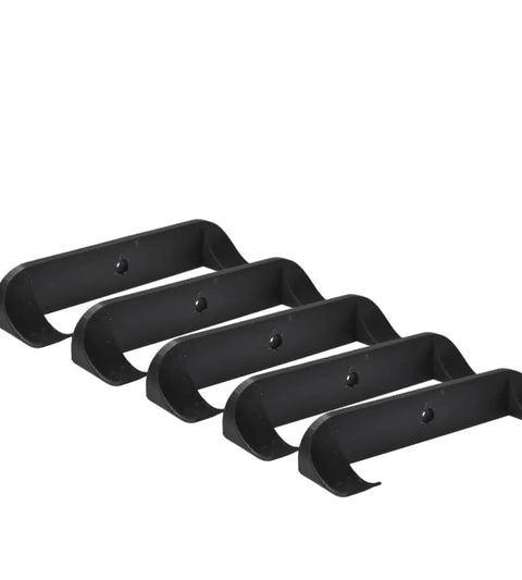 Four Chatelet Manufacturing Collectible Car Display Wall Mounts are arranged in a row on a white background. These low-profile hooks display Lego car models by the wheels, creating an organized and stylish display. Made in USA.