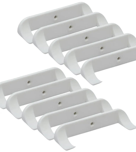 Nine Chatelet Manufacturing Collectible Car Display Wall Mounts are shown in three rows on a white background. These low-profile mounts securely display Lego cars by the wheels, featuring curved ends and a central screw hole. Made in USA.