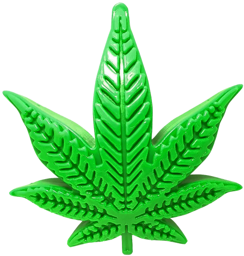 The SodaPup Colorado Maple Leaf EChew Durable Nylon Dog Chew Toy is a bright green, cannabis-shaped nylon toy with detailed veins and serrated edges, perfect for playful pups. Shown on a transparent background.