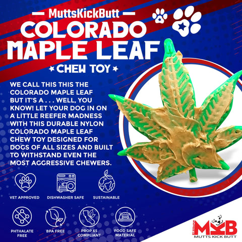 A green and yellow nylon dog toy shaped like a maple leaf sits on a colorful graphic for SodaPup’s Colorado Maple Leaf EChew Durable Nylon Dog Chew Toy, made in the USA and known for its safety, durability, and eco-friendly design.