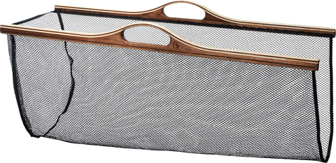 The Columbia by Blue Ribbon Nets is a handcrafted rectangular fishing net with a black mesh and an ergonomic wooden frame, featuring two top handles for easy carrying.