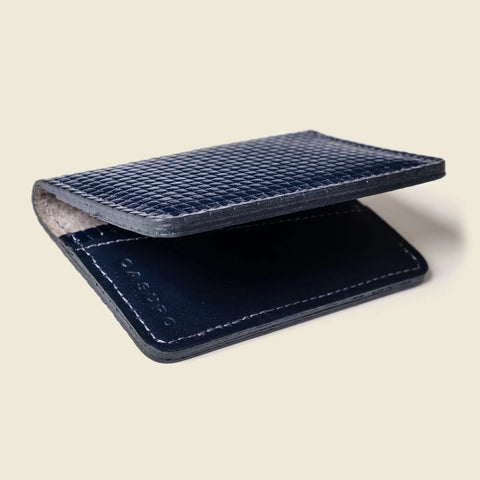 Compact 4 Pocket RFID Navy Leather Wallet 4 1/8 x 2 7/8 Handmade in USA CASUPO  Small Bifold