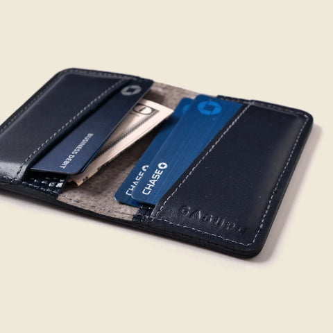 Compact 4 Pocket RFID Navy Leather Wallet 4 1/8 x 2 7/8 Handmade in USA CASUPO  Small Bifold