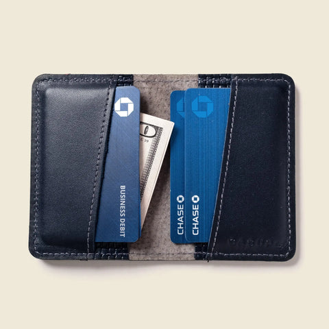 Compact 4 Pocket RFID Navy Leather Wallet 4 1/8 x 2 7/8 Handmade in USA CASUPO  Small Bifold