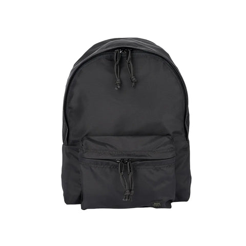The MIS Daypack S - Black is a plain black nylon backpack made in the USA, featuring front and main compartments with dual zipper pulls, plus a front zippered pocket. Shown upright against a white background.