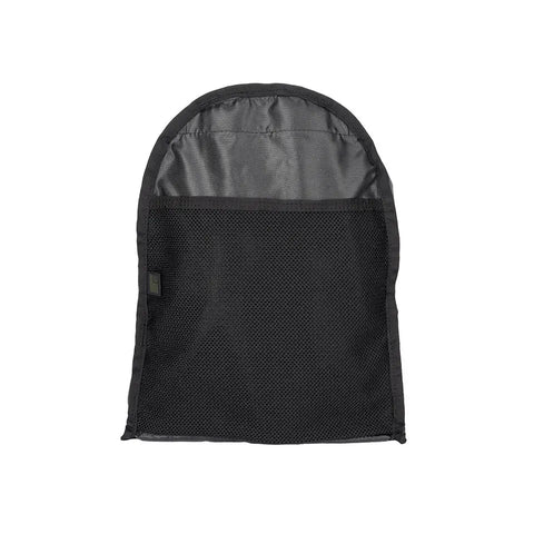 The MIS Daypack S - Black is a durable black mesh drawstring bag with a rounded top, laid flat and empty on a white background, designed like a nylon backpack.