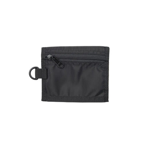 The MIS Folding Wallet - Black is a nylon wallet made in the USA, featuring a front zipper coin pocket and a black metal key ring on the left side, shown against a white background.