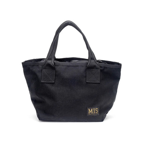 The MIS Mini Tote Bag - Black is made from durable, water-resistant Cordura Nylon and features two black handles plus a yellow MIS patch near the bottom for a simple, sturdy design.