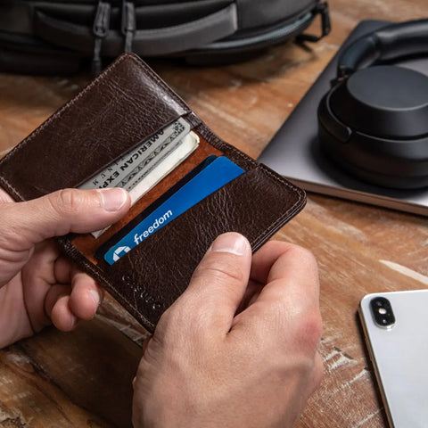 Compact Chocolate Leather Wallet 4x3 Inch – Sustainable Design | Handmade in USA CASUPO  Small Bifold