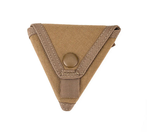 The MIS Coin Case in Coyote Brown is a triangular pouch made from heavy-duty nylon webbing with reinforced edges, a snap-button flap, and a stitched front loop, shown against a white background.