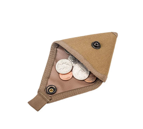 The MIS Coin Case - Coyote Brown is a small, triangular pouch made from durable Cordura Nylon, featuring a snap button closure and partially open to reveal assorted coins inside.