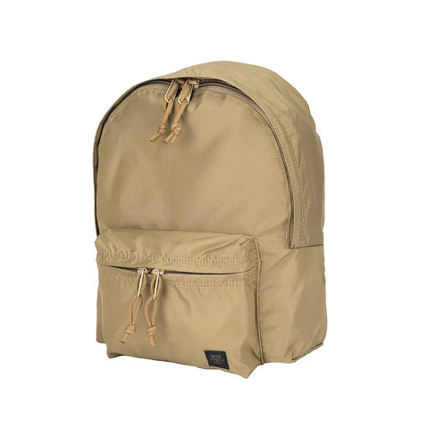 The MIS Daypack S in Coyote Tan features durable, water-resistant packcloth nylon, a spacious main compartment, front zippered pocket, and matching tan zippers. Stylishly displayed against a white background.