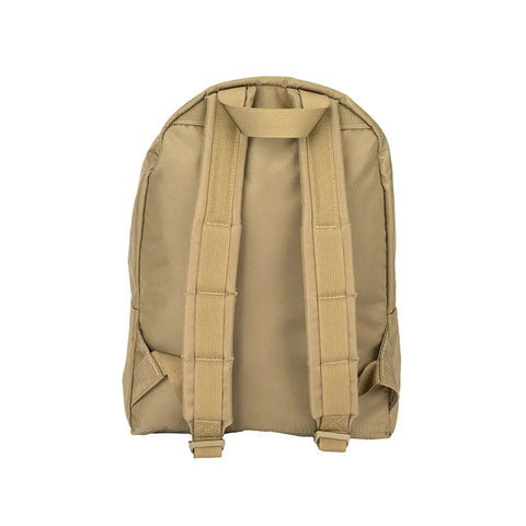 The MIS Daypack S in Coyote Tan is shown from the back against a white background, featuring two padded shoulder straps, a top carrying handle, and durable water-resistant packcloth nylon construction.