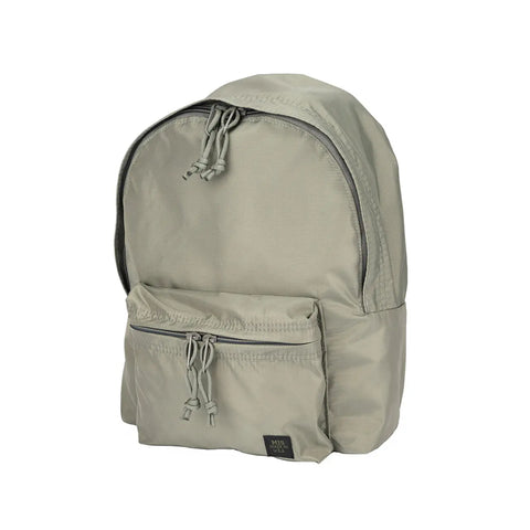 The MIS Daypack S - Foliage is a light gray, water-resistant nylon backpack with a large main compartment, front zippered pocket, adjustable shoulder straps, and matching fabric pulls, displayed on a white background.