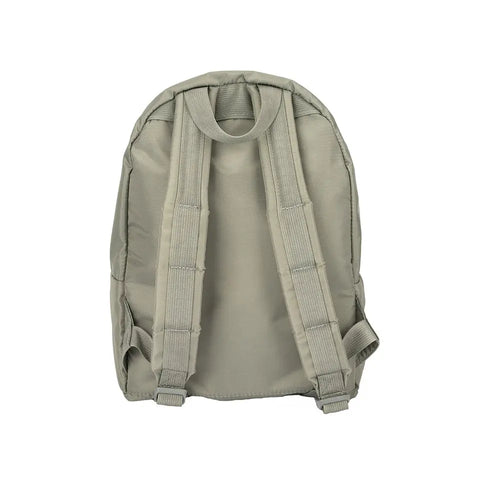 The MIS Daypack S - Foliage is displayed from the back, showing adjustable shoulder straps and a sturdy top handle. This khaki-colored backpack is crafted from water-resistant nylon and set against a plain white background.