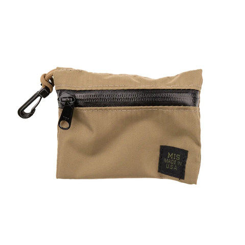 The MIS W Small Pouch in Coyote Tan is a compact, water-resistant nylon pouch with a black zipper and clip, featuring the MIS Made in U.S.A. label on the lower right side.
