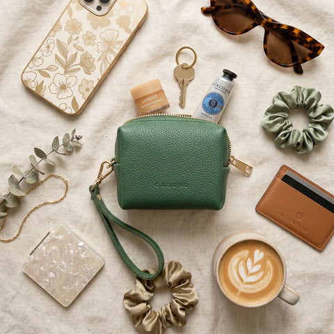 Compact Green Full-Grain Napa Leather Mini Wristlet Bag 4x3 Inch – Coin Purse with Detachable Strap | Made in USA CASUPO  Zipper Wallet